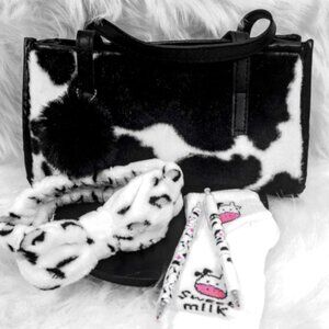 Cow Print Gift Set | Fuzzy Purse, Headband, Socks & Cow Pens | Cute & Cozy Gift